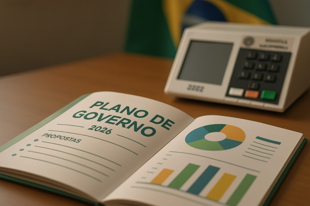 Caderno com plano de governo 2026 aberto sobre a mesa, ao lado de uma urna eletrônica.
