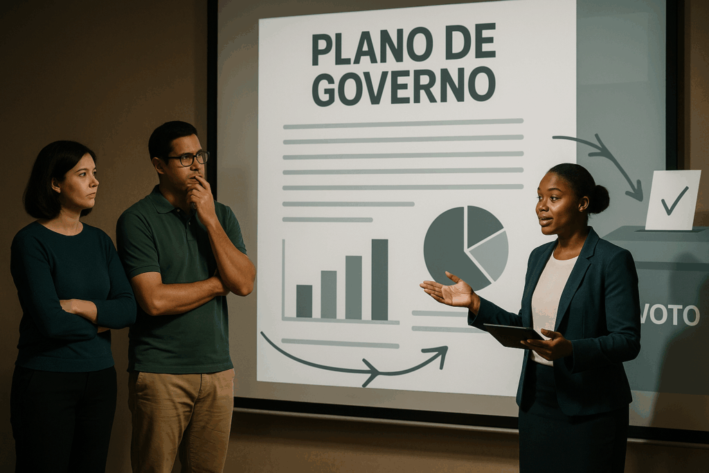 Três pessoas estão em frente a um telão com o título “PLANO DE GOVERNO” e gráficos. Uma mulher negra, de blazer, apresenta o conteúdo com um tablet na mão. Ao lado, um homem e uma mulher assistem com atenção. Ao fundo, aparece uma urna com a palavra “VOTO”.