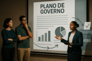 Três pessoas estão em frente a um telão com o título “PLANO DE GOVERNO” e gráficos. Uma mulher negra, de blazer, apresenta o conteúdo com um tablet na mão. Ao lado, um homem e uma mulher assistem com atenção. Ao fundo, aparece uma urna com a palavra “VOTO”.
