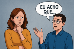 Mulher com expressão de dúvida observa um homem falando com entusiasmo, acompanhado de um balão de fala com a frase "EU ACHO QUE...", representando o achismo no plano de governo, em um desenho criado por inteligência artificial.