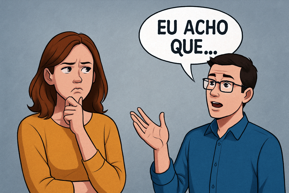 Mulher com expressão de dúvida observa um homem falando com entusiasmo, acompanhado de um balão de fala com a frase "EU ACHO QUE...", representando o achismo no plano de governo, em um desenho criado por inteligência artificial.