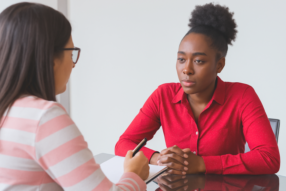 Mulher com blusa vermelha escuta atentamente outra pessoa que segura um bloco de anotações, em uma conversa numa entrevista narrativa, que simboliza como ouvir a população para fazer um plano de governo de forma humana e participativa.