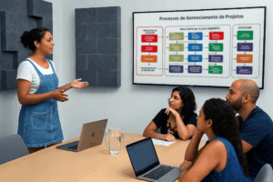 Quatro pessoas participam de uma reunião em sala moderna, enquanto uma mulher apresenta o framework PMBOK no plano de governo exibido em uma tela na parede.