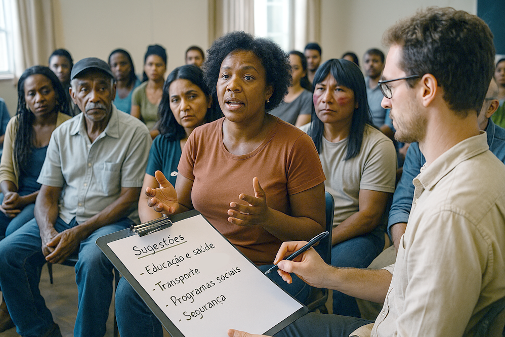 Imagem gerada por inteligência artificial que representa a inteligência coletiva no plano de governo, com pessoas de diferentes etnias reunidas em uma assembleia popular no Brasil. Uma mulher negra fala enquanto um homem anota sugestões em português, como educação e programas sociais.