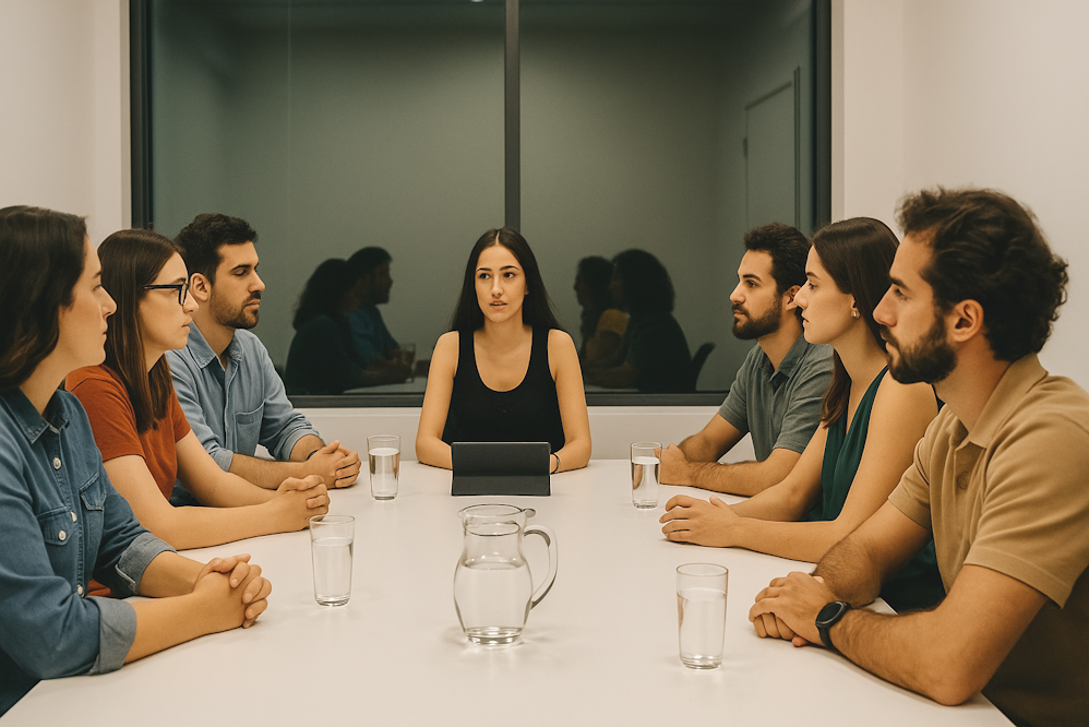 Participantes de uma pesquisa qualitativa no plano de governo reunidos em sala de reunião, com moderadora conduzindo o grupo e materiais sobre a mesa.