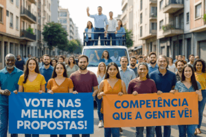 Imagem gerada por inteligência artificial mostra uma caminhada de campanha eleitoral em uma rua urbana com prédios altos. Um carro de som com o candidato no topo avança entre apoiadores diversos, que caminham de frente para a câmera. Duas grandes faixas são erguidas por militantes: uma azul, com os dizeres “VOTE NAS MELHORES PROPOSTAS!”; outra laranja, com “COMPETÊNCIA QUE A GENTE VÊ!”.