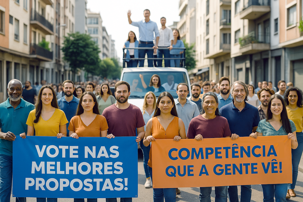 Imagem gerada por inteligência artificial mostra uma caminhada de campanha eleitoral em uma rua urbana com prédios altos. Um carro de som com o candidato no topo avança entre apoiadores diversos, que caminham de frente para a câmera. Duas grandes faixas são erguidas por militantes: uma azul, com os dizeres “VOTE NAS MELHORES PROPOSTAS!”; outra laranja, com “COMPETÊNCIA QUE A GENTE VÊ!”.