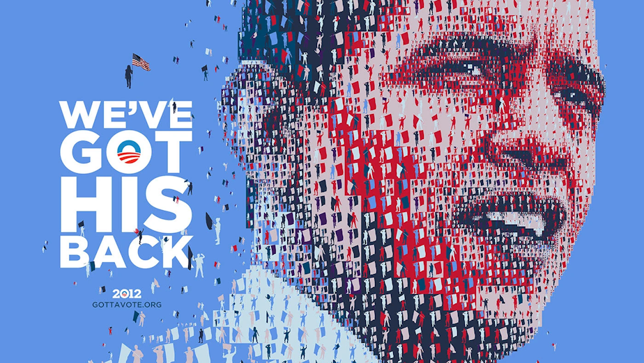 Cartaz artístico da campanha de reeleição de Barack Obama em 2012 com a frase "We've got his back", reforçando o apoio popular ao plano de governo Obama.