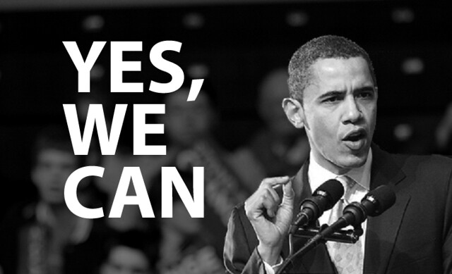 Barack Obama discursando com a frase "Yes, we can", lema emblemático de sua campanha de 2008.