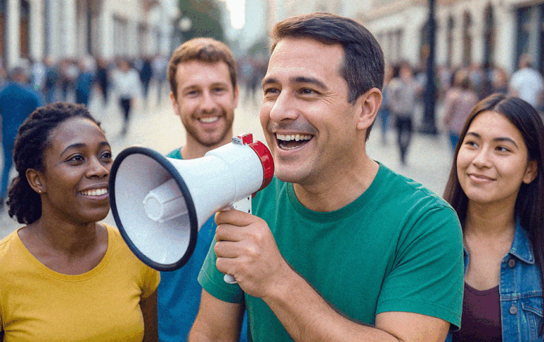 Candidato com megafone em campanha de rua, ao lado de três apoiadores sorridentes, representando diversidade e engajamento. Cena ilustra um Plano de Governo para Campanha Pequena.