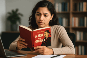 Imagem gerada por inteligência artificial mostra uma mulher brasileira concentrada, sentada à mesa, lendo Sun-Tzu, como referência simbólica para a elaboração de um plano de governo segundo o livro “A Arte da Guerra”.