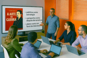 Imagem gerada por inteligência artificial mostra uma equipe em reunião, analisando um slide com a capa do livro A Arte da Guerra, de Sun-Tzu, e frases estratégicas, simbolizando a construção de um plano de governo segundo Sun-Tzu.