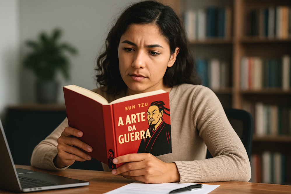 Imagem gerada por inteligência artificial mostra uma mulher brasileira concentrada, sentada à mesa, lendo Sun-Tzu, como referência simbólica para a elaboração de um plano de governo segundo o livro “A Arte da Guerra”.