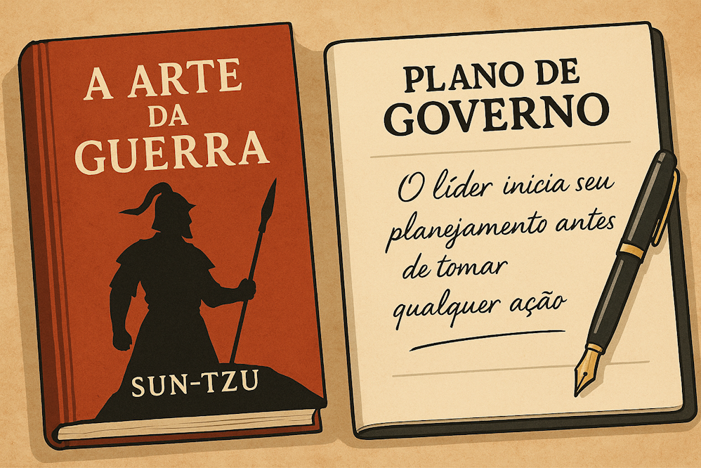 Ilustração em formato paisagem com um livro vermelho intitulado "A Arte da Guerra – Sun-Tzu" ao lado de um caderno com o título "Plano de Governo" e a frase manuscrita "O líder inicia seu planejamento antes de tomar qualquer ação", representando visualmente o conceito de um plano de governo segundo Sun-Tzu.