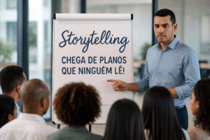 Pessoa apresentando um flipchart com a palavra "Storytelling" em destaque e a frase "Chega de planos que ninguém lê!", diante de uma sala com pessoas diversas. A imagem representa o uso do storytelling no plano de governo como ferramenta de comunicação mais eficaz.