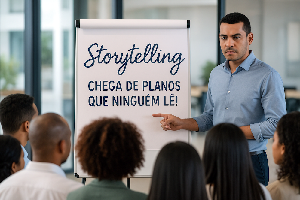 Pessoa apresentando um flipchart com a palavra "Storytelling" em destaque e a frase "Chega de planos que ninguém lê!", diante de uma sala com pessoas diversas. A imagem representa o uso do storytelling no plano de governo como ferramenta de comunicação mais eficaz.
