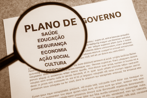 Imagem em formato paisagem mostra uma lupa sobre um documento intitulado “PLANO DE GOVERNO”, ampliando palavras-chave como saúde, educação, segurança, economia, ação social, cultura, esporte e inovação. A cena simboliza a análise do plano de governo dos adversários.
