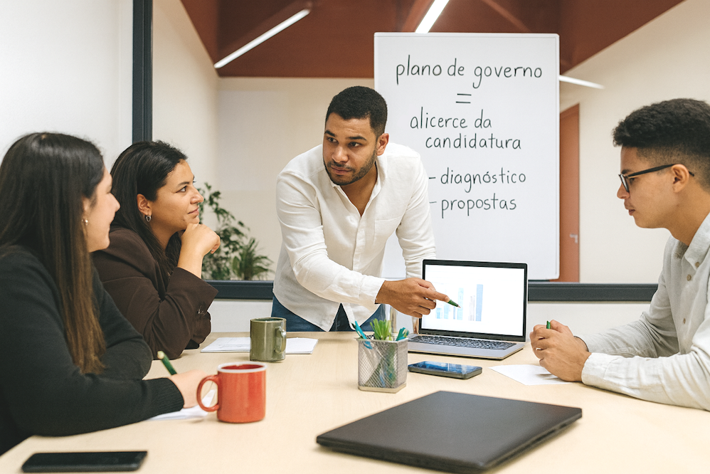 Quatro pessoas de etnias brasileiras participam de uma reunião sobre o que é plano de governo, em uma sala moderna. Um homem em pé aponta para um gráfico no notebook, enquanto os colegas escutam com atenção. Ao fundo, um quadro branco traz a frase escrita à mão: "plano de governo = alicerce da candidatura", além das palavras "diagnóstico" e "propostas".