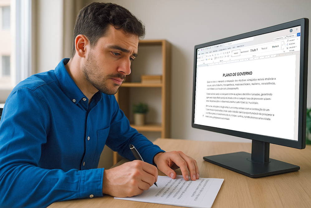 Homem de camisa azul copiando trecho de plano de governo genérico exibido na tela do computador, representando o plágio no plano de governo.