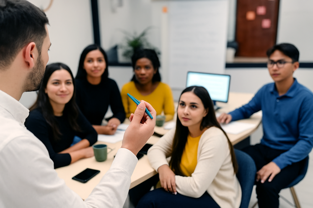 Reunião em escritório moderno, com cinco pessoas de etnias brasileiras diversas sentadas ao redor de uma mesa, ouvindo atentamente um homem que fala e gesticula com uma caneta azul. Entre elas, há uma mulher negra de blusa amarela, um jovem de camisa azul e outras pessoas com roupas pretas e brancas. A cena transmite concentração e colaboração, simbolizando o trabalho coletivo necessário para construir um plano de governo com antecedência.