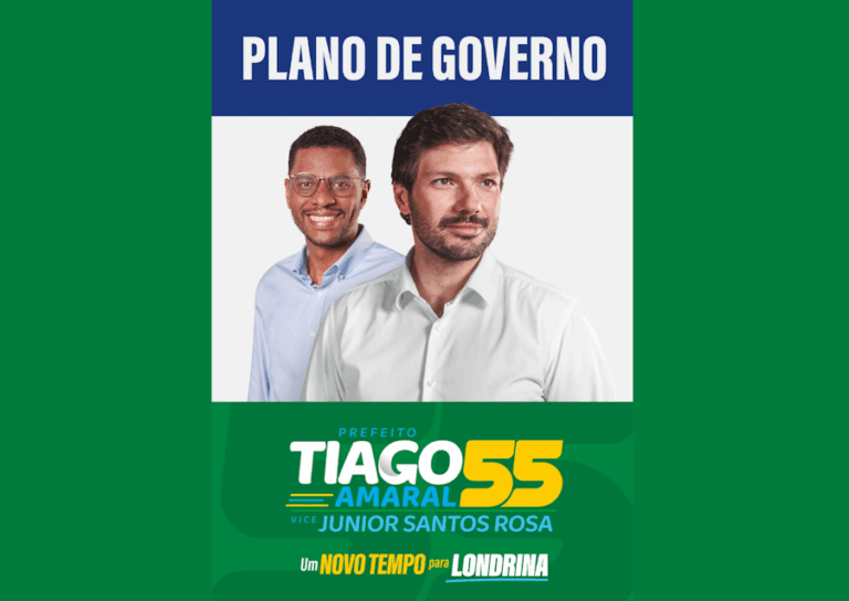Capa do plano de governo de Tiago Amaral para prefeito de Londrina, com a imagem de Tiago Amaral e Junior Santos Rosa lado a lado. O fundo é verde e azul, com a frase "Um novo tempo para Londrina" em destaque.