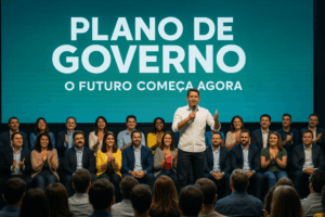 Evento político em auditório moderno com candidato discursando diante de um telão de LED com a frase "Plano de Governo — O Futuro Começa Agora", plateia atenta e diversidade no palco, representando as razões para investir no plano de governo.