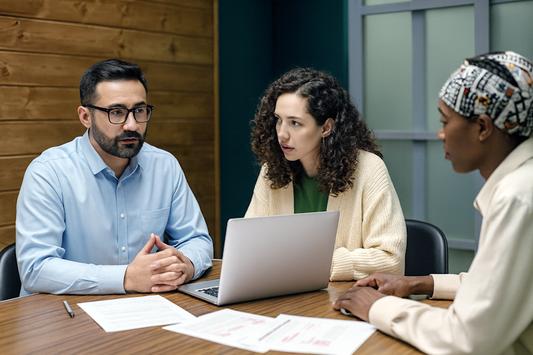 Três pessoas em reunião em torno de uma mesa com papéis e notebook. Um homem de óculos, de camisa azul clara, aparenta ser o candidato e fala enquanto duas mulheres o escutam com atenção. Cena ilustra a importância da entrevista com o candidato na construção do plano de governo.