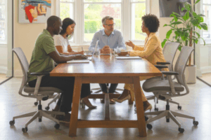 Quatro pessoas participam de uma reunião em torno de uma mesa de madeira, com laptops e anotações. Um homem de camisa azul clara aparenta ser o candidato, escutado atentamente pelos demais. A cena ilustra a entrevista em profundidade, técnica usada para revelar informações estratégicas na construção do plano de governo.