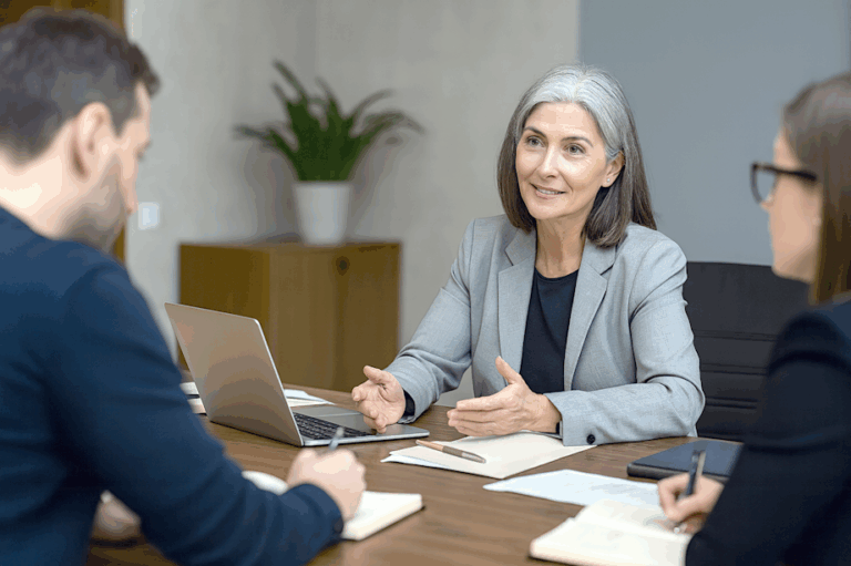 Uma candidata de 40 e poucos anos, com cabelos castanhos escuros e fios grisalhos, veste um blazer cinza e está sentada em frente a um laptop sobre uma mesa de madeira escura. Ela conversa com dois profissionais — um homem e uma mulher — que tomam notas em cadernos, enquanto documentos e canetas estão dispostos sobre a mesa. O ambiente transmite seriedade e colaboração em uma reunião de alto nível para elaboração do plano de governo, destacando o papel das entrevistas com o candidato no processo.