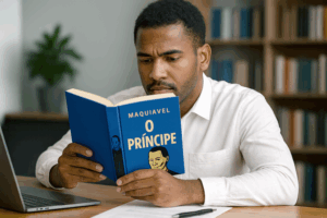 Homem negro sentado à mesa de trabalho, vestindo camisa branca e lendo atentamente o livro "O Príncipe", de Maquiavel, com capa azul cobalto. Sobre a mesa estão um notebook aberto, um bloco de anotações e uma caneta. A imagem remete ao uso das ideias de Maquiavel no plano de governo, sugerindo estudo estratégico para campanhas políticas. Ao fundo, uma estante com livros desfocados completa o ambiente de concentração e planejamento.
