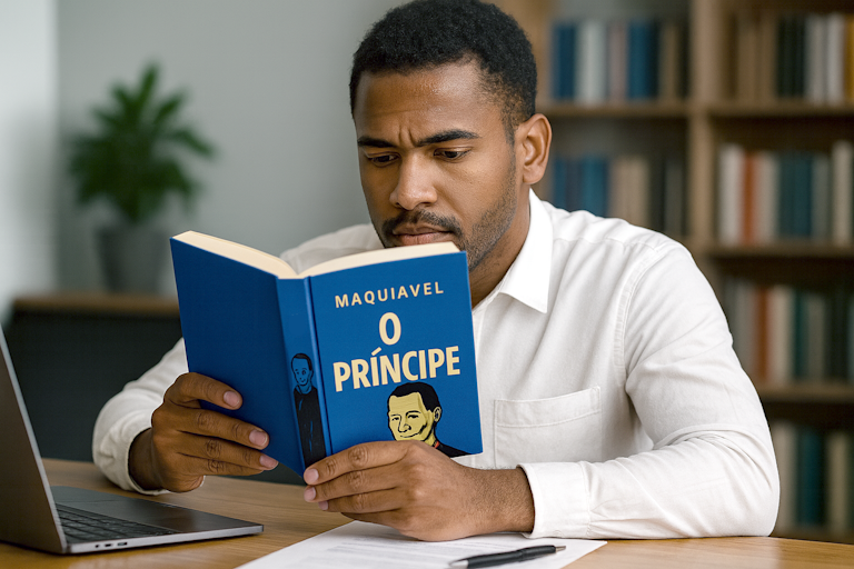 Homem negro sentado à mesa de trabalho, vestindo camisa branca e lendo atentamente o livro "O Príncipe", de Maquiavel, com capa azul cobalto. Sobre a mesa estão um notebook aberto, um bloco de anotações e uma caneta. A imagem remete ao uso das ideias de Maquiavel no plano de governo, sugerindo estudo estratégico para campanhas políticas. Ao fundo, uma estante com livros desfocados completa o ambiente de concentração e planejamento.