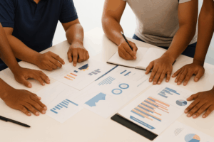 Mãos de quatro pessoas analisando relatórios e gráficos coloridos sobre a mesa, representando colaboração na criação de um plano de governo profissional.