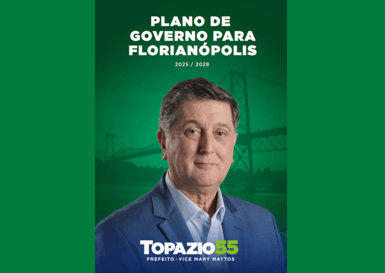 Capa do plano de governo de Topázio Neto para Florianópolis 2025–2028, com fundo verde, título em branco e foto do candidato em destaque, acompanhado do logotipo Topazio 55.