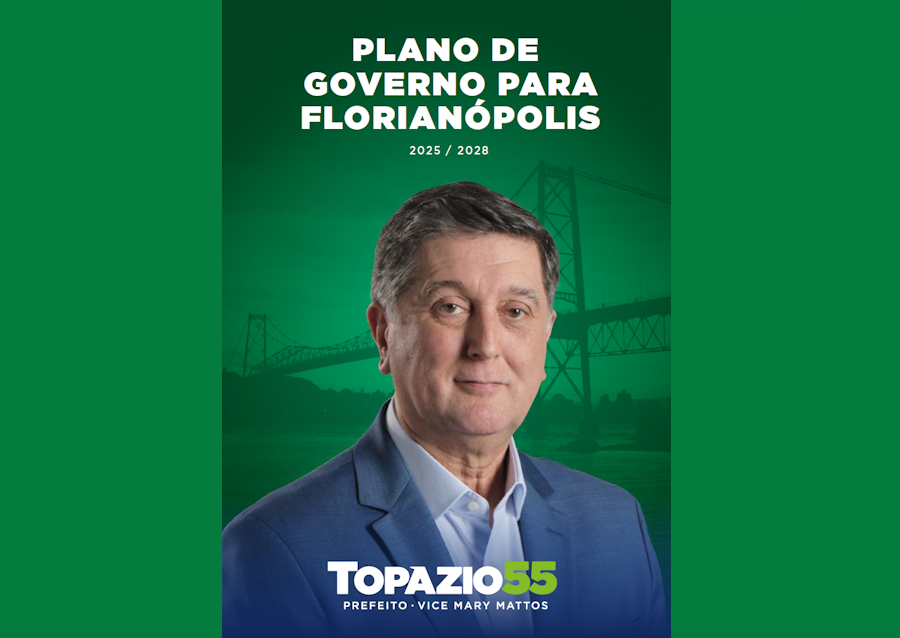 Capa do plano de governo de Topázio Neto para Florianópolis 2025–2028, com fundo verde, título em branco e foto do candidato em destaque, acompanhado do logotipo Topazio 55.