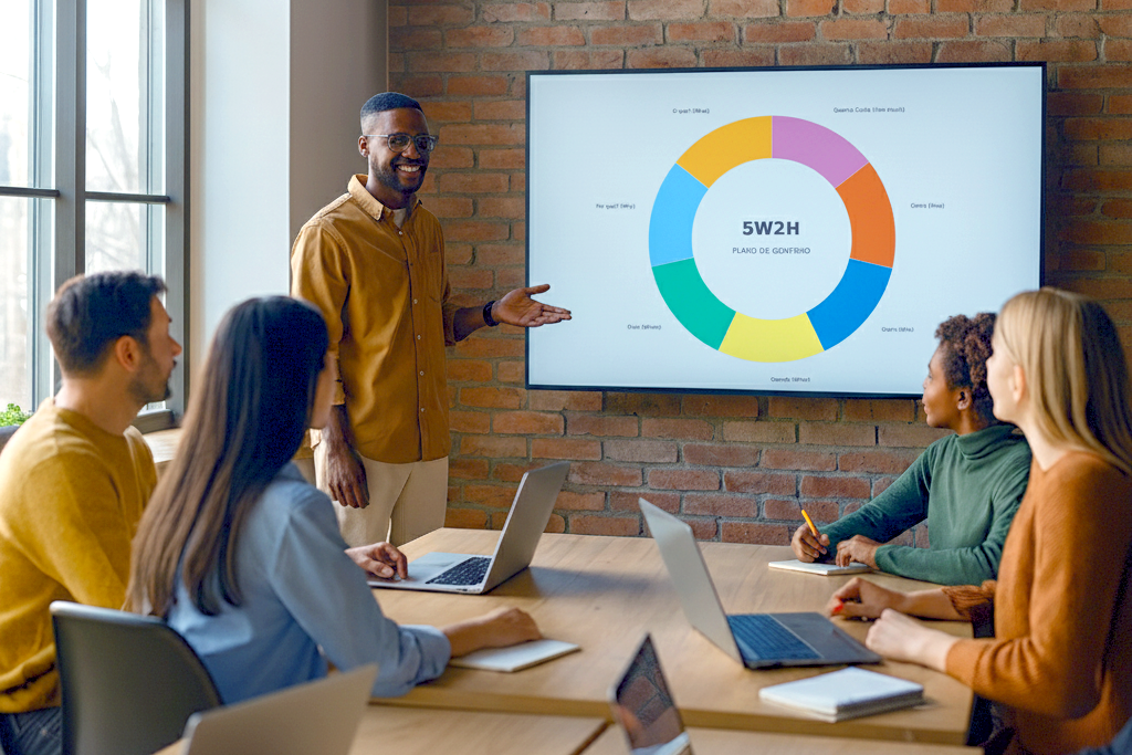 **Alt text:** Equipe diversa de seis pessoas, de etnias brasileiras, reunida em uma sala de coworking iluminada por luz natural, com laptops e anotações sobre a mesa. Um homem de pé, ao lado de um telão em branco, conduz a reunião sobre o método 5W2H no plano de governo.