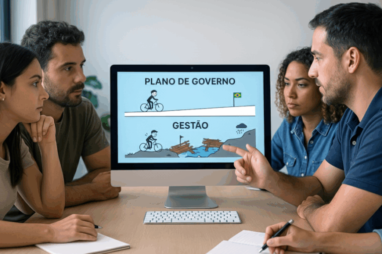 Quatro pessoas em reunião observam a tela de um computador que mostra duas ilustrações comparativas: em cima, “PLANO DE GOVERNO”, com ciclista em estrada reta; embaixo, “GESTÃO”, com ciclista enfrentando buracos e obstáculos. A cena simboliza as duas faces do plano de governo, como peça de campanha e roteiro de gestão.