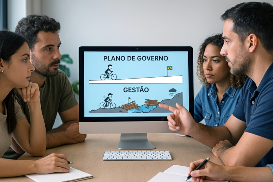 Quatro pessoas em reunião observam a tela de um computador que mostra duas ilustrações comparativas: em cima, “PLANO DE GOVERNO”, com ciclista em estrada reta; embaixo, “GESTÃO”, com ciclista enfrentando buracos e obstáculos. A cena simboliza as duas faces do plano de governo, como peça de campanha e roteiro de gestão.