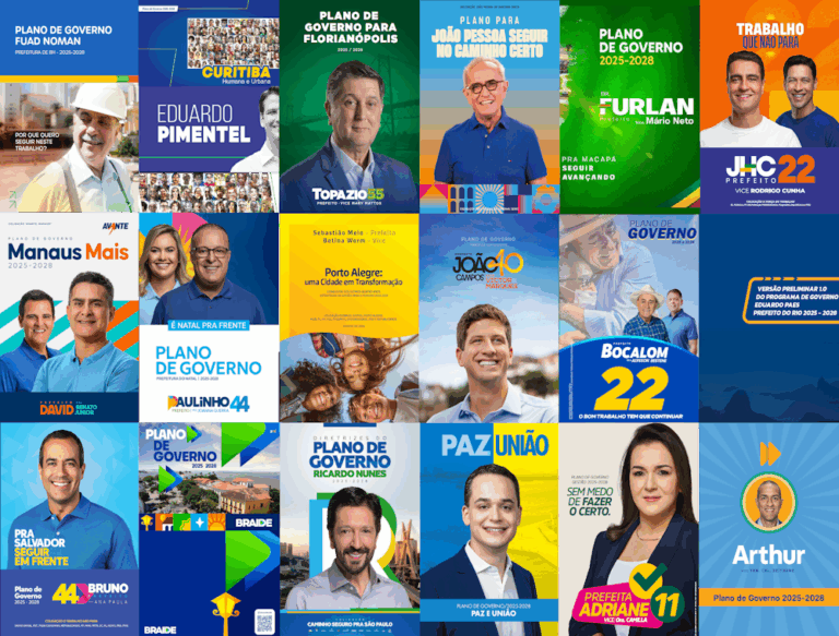 Mosaico de capas de plano de governo de continuidade nas capitais em 2024, com fotos dos candidatos reeleitos ou apoiados, nomes, partidos e slogans como “Seguir em frente”, “Trabalho que não para”, “Seguir avançando”, “É Natal pra frente” e “O bom trabalho tem que continuar”. A imagem reúne os materiais de Fuad Noman, Eduardo Pimentel, Topázio Neto, João Pessoa, Dr. Furlan, JHC, David Almeida, Paulinho Freire, Sebastião Melo, João Campos, Tião Bocalom, Eduardo Paes, Bruno Reis, Eduardo Braide, Ricardo Nunes, Eduardo Braide, Adriane Lopes e Arthur Henrique.
