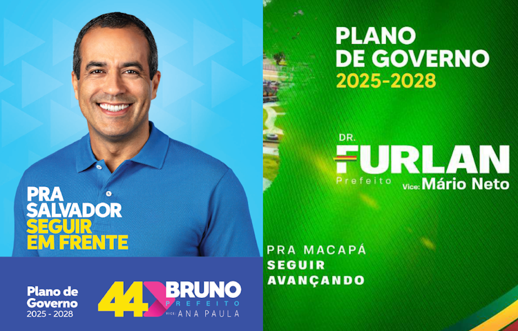 Plano de governo de continuidade nas capitais de Salvador e Macapá, com os prefeitos reeleitos Bruno Reis e Dr. Furlan, destacando os slogans “Pra Salvador seguir em frente” e “Pra Macapá seguir avançando” — exemplos do uso do verbo seguir como marca da linguagem típica dos planos de continuidade.