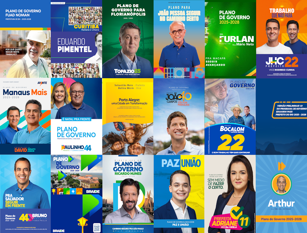 Mosaico de capas de plano de governo de continuidade nas capitais em 2024, com fotos dos candidatos reeleitos ou apoiados, nomes, partidos e slogans como “Seguir em frente”, “Trabalho que não para”, “Seguir avançando”, “É Natal pra frente” e “O bom trabalho tem que continuar”. A imagem reúne os materiais de Fuad Noman, Eduardo Pimentel, Topázio Neto, João Pessoa, Dr. Furlan, JHC, David Almeida, Paulinho Freire, Sebastião Melo, João Campos, Tião Bocalom, Eduardo Paes, Bruno Reis, Eduardo Braide, Ricardo Nunes, Eduardo Braide, Adriane Lopes e Arthur Henrique.