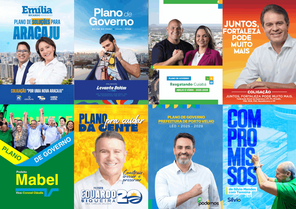 Montagem com as capas dos planos de governo de candidatos eleitos em 2024 nas capitais brasileiras: Emília Corrêa (Aracaju), Igor Normando (Belém), Abilio Brunini (Cuiabá), Evandro Leitão (Fortaleza), Sandro Mabel (Goiânia), Eduardo Siqueira Campos (Palmas), Leo Moraes (Porto Velho) e Silvio Mendes (Teresina). As imagens trazem títulos como “Plano de Soluções”, “Resgatando Cuiabá” e “Plano pra cuidar da gente”, reforçando o conceito de plano de governo de mudança.