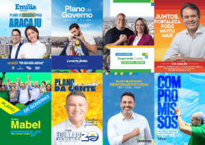 Montagem com as capas dos planos de governo de candidatos eleitos em 2024 nas capitais brasileiras: Emília Corrêa (Aracaju), Igor Normando (Belém), Abilio Brunini (Cuiabá), Evandro Leitão (Fortaleza), Sandro Mabel (Goiânia), Eduardo Siqueira Campos (Palmas), Leo Moraes (Porto Velho) e Silvio Mendes (Teresina). As imagens trazem títulos como “Plano de Soluções”, “Resgatando Cuiabá” e “Plano pra cuidar da gente”, reforçando o conceito de plano de governo de mudança.