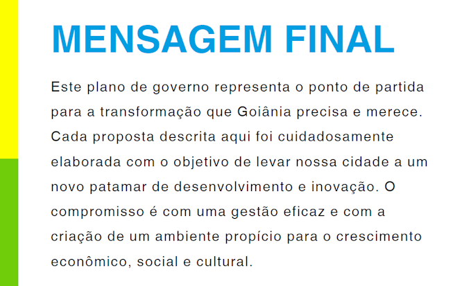 Trecho do plano de governo de mudança de Sandro Mabel, prefeito eleito de Goiânia em 2024, com a mensagem final que destaca compromisso com gestão eficaz e ambiente favorável ao desenvolvimento econômico, social e cultural.