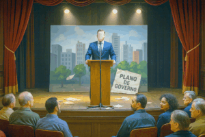 Cena em um teatro clássico simbolizando o plano de governo como peça de ficção. No palco iluminado, um candidato sem rosto, de terno escuro, discursa em um púlpito diante de um cenário pintado de cidade idealizada feito de papelão, com bordas descolando. No chão, papéis rasgados com o título “Plano de Governo”. A plateia, composta por brasileiros de diferentes idades, tons de pele e classes sociais, observa com expressões de atenção e desconfiança. A luz quente dourada no palco contrasta com a luz azulada na plateia, representando a diferença entre aparência e realidade.