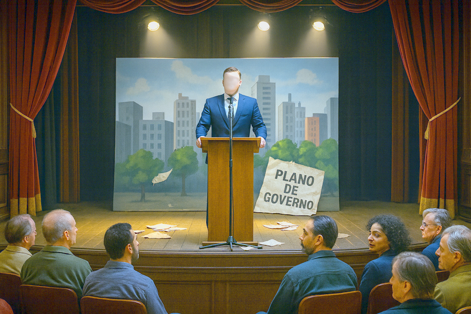 Cena em um teatro clássico simbolizando o plano de governo como peça de ficção. No palco iluminado, um candidato sem rosto, de terno escuro, discursa em um púlpito diante de um cenário pintado de cidade idealizada feito de papelão, com bordas descolando. No chão, papéis rasgados com o título “Plano de Governo”. A plateia, composta por brasileiros de diferentes idades, tons de pele e classes sociais, observa com expressões de atenção e desconfiança. A luz quente dourada no palco contrasta com a luz azulada na plateia, representando a diferença entre aparência e realidade.