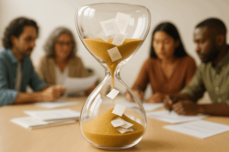 Close de uma ampulheta de vidro transparente com areia dourada e papéis escorrendo para a parte inferior, simbolizando o prazo de entrega do plano de governo. Ao fundo, levemente desfocada, uma mesa de reunião com pessoas de diferentes etnias brasileiras discutindo documentos.