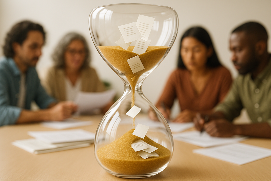 Close de uma ampulheta de vidro transparente com areia dourada e papéis escorrendo para a parte inferior, simbolizando o prazo de entrega do plano de governo. Ao fundo, levemente desfocada, uma mesa de reunião com pessoas de diferentes etnias brasileiras discutindo documentos.