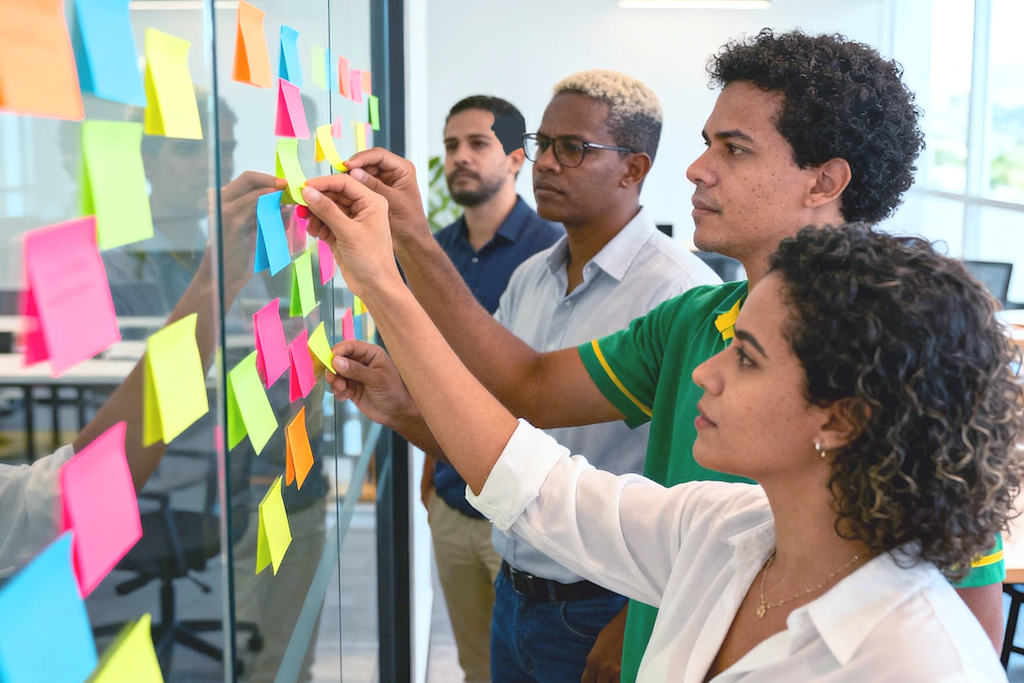 Grupo diverso de profissionais brasileiros colando post-its coloridos em parede de vidro durante reunião de planejamento, simbolizando colaboração e definição das primeiras ações no plano de governo.