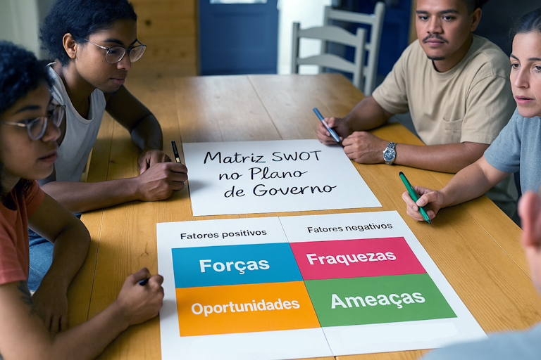 Pessoas reunidas em torno de uma mesa durante uma reunião de equipe, analisando um quadro com a Matriz SWOT no Plano de Governo, que apresenta os quadrantes de forças, fraquezas, oportunidades e ameaças.