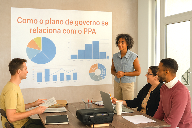 Equipe reunida em sala iluminada discutindo metas e gráficos projetados na parede com o título como o plano de governo se relaciona com o PPA.